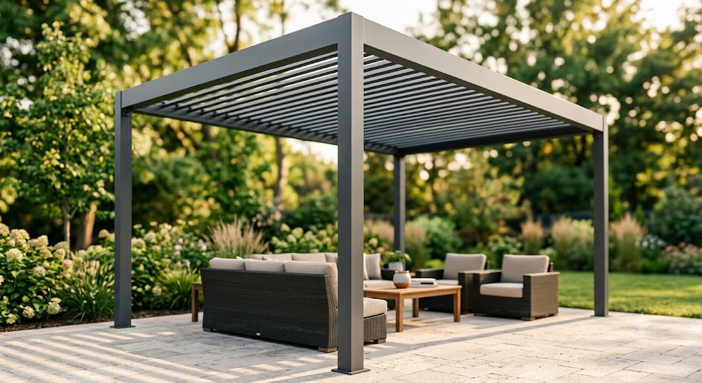 Ridgeline Aluminum Pergola on a stone patio